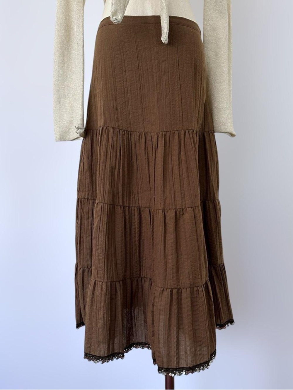 Vintage 90s Y2k Brown Fairy Whimsigoth Sequin Trim Midi Skirt